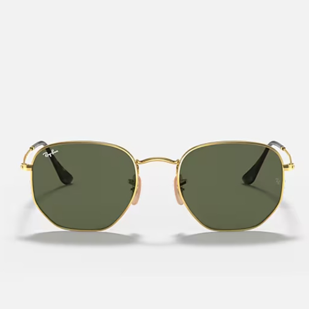 Ray-Ban Hexagonal Flat Lenses Gold Frame Sunglasses with Green Lenses Unisex